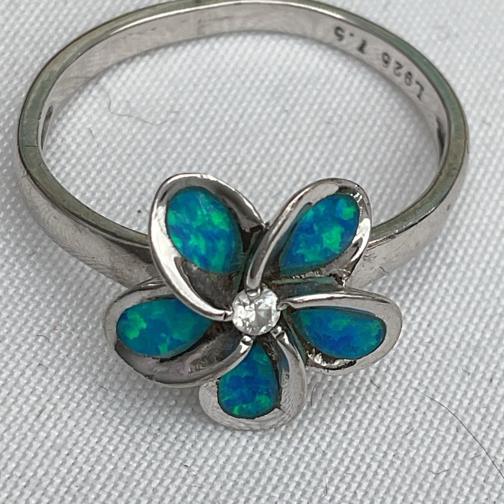 Sterling Silver Blue Green Opal Inlay Flower Ring Sz 7.5 | Diamond Accent